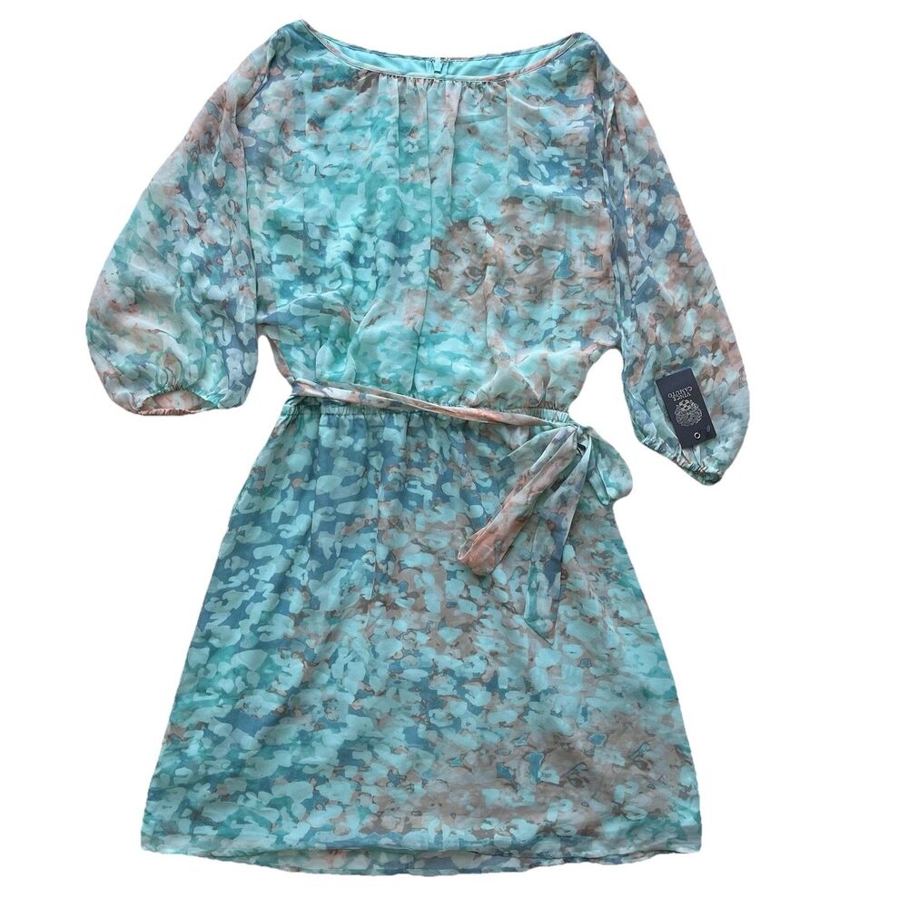 Vince Camuto Womens Cold Shoulder Slit Sleeve Dress Blue/Green Watercolor Print
